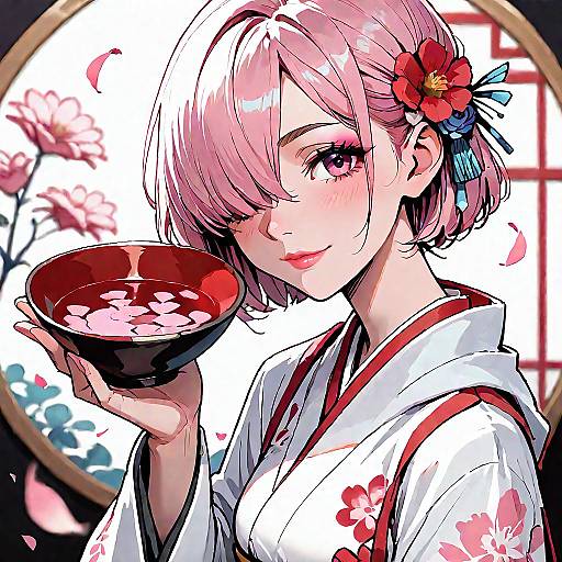 Anime Girl in Kimono with Sake