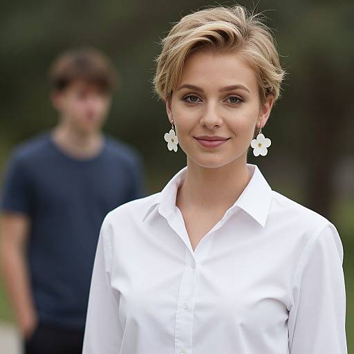 Photograph of a blonde woman with short hair, wearing a white button-up shirt and white flower earrings, slightly smiling, with a blurred young man in