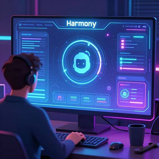 Photograph of a man with black headphones, back to camera, using a glowing blue and purple gaming monitor displaying 