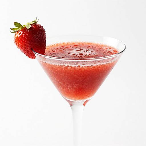 Photograph of a red strawberry smoothie in a martini glass, garnished with a fresh, vibrant strawberry on the rim, against a white background