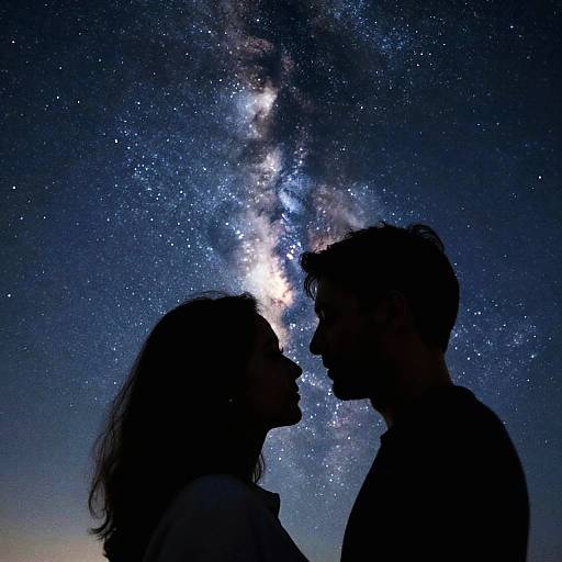 Silhouetted couple faces each other under a starry night sky with the Milky Way prominently visible. Photographic image.