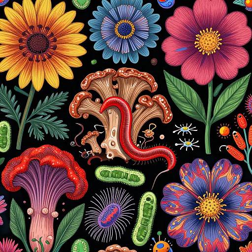 Vibrant digital illustration of colorful flowers, mushrooms, and microorganisms on a black background, featuring bright reds, yellows, blues, and
