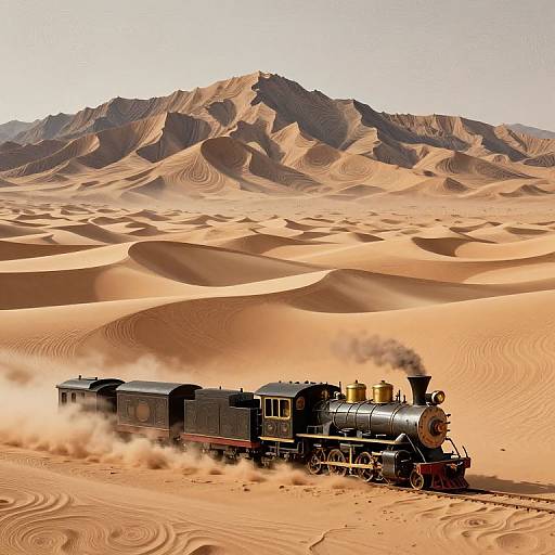 Vintage steam locomotive chugs through golden desert sand dunes, billowing black smoke, with rugged mountains in the background. Photorealistic image.