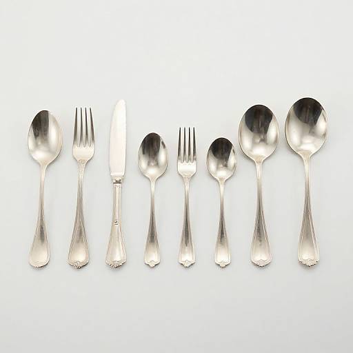 Photograph of seven silver forks and spoons in a straight line, each varying in size, against a white background.