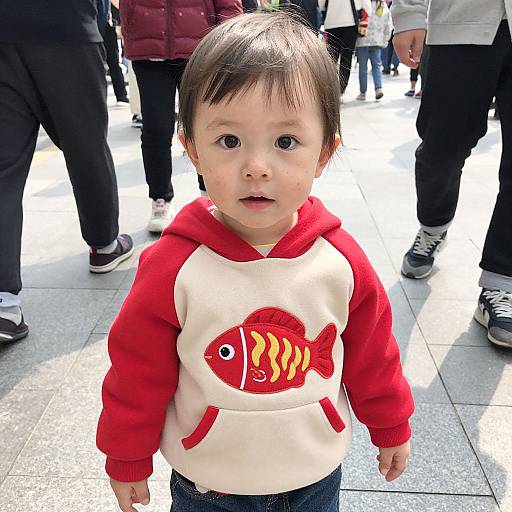 Photograph of a curious Asian toddler with short black hair, wearing a red and white fish-print hoodie, standing in a sunlit, crowded outdoor area