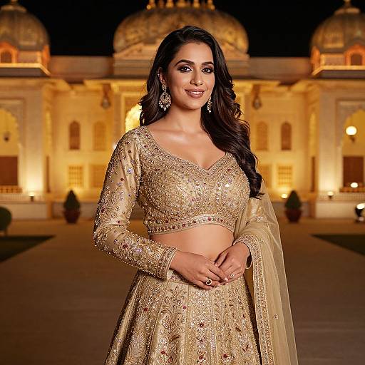 Photograph of a beautiful South Asian woman in a gold, embroidered traditional outfit with long sleeves and a V-neck, standing in front of a lit,
