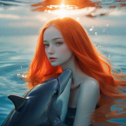 Woman with Red Hair and Dolphin in Water