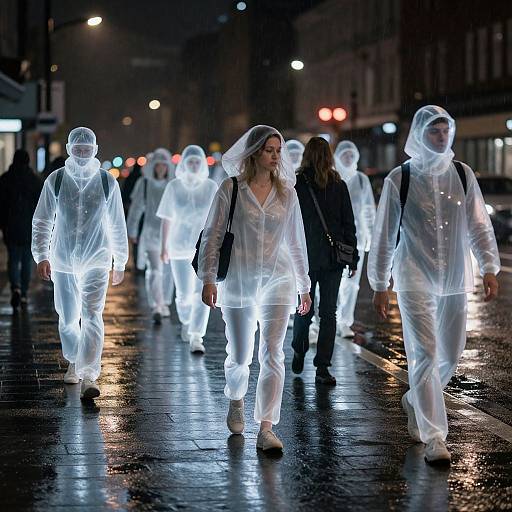 Photograph: Group of people wearing illuminated white rain ponchos walking on a wet, dark street at night, reflections on pavement.