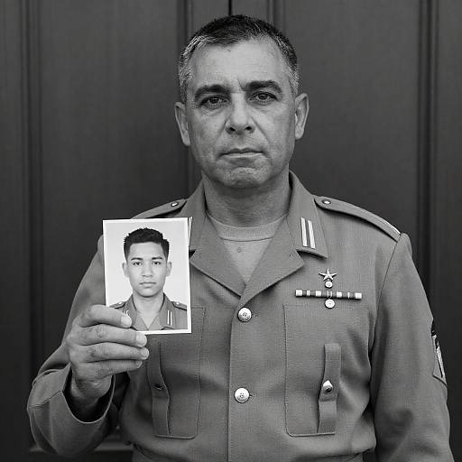 Monochrome Veteran Holding Young Soldier's Photo