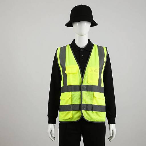 Photograph of a faceless white mannequin wearing a black fedora, black shirt, and bright yellow high-visibility safety vest with black stripes