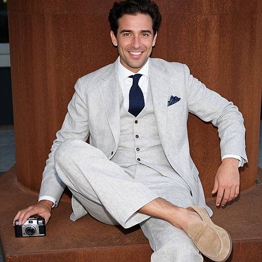 Photograph of a smiling, dark-haired man in a white suit with black tie, sitting on a brown textured surface, holding a camera in his right