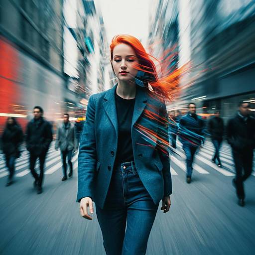Red-haired Woman Walking in Urban Street with Motion Blur