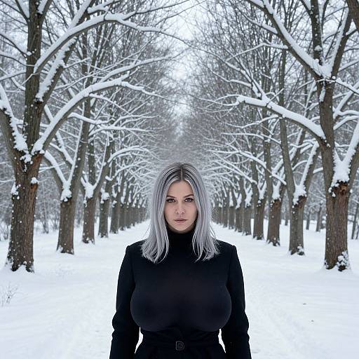 Photograph of a pale-skinned woman with silver hair, large breasts, black turtleneck, standing in a snow-covered, tree-lined path.
