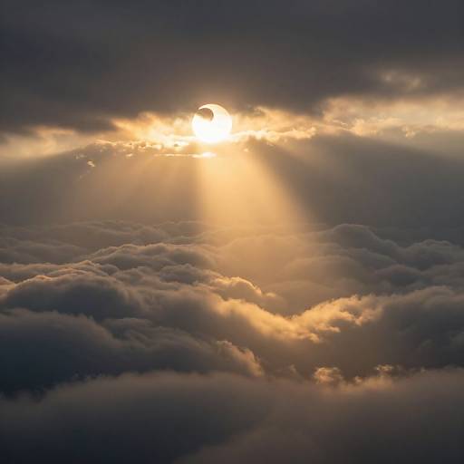 Photograph of a dramatic sunrise over a sea of fluffy clouds, with golden sunlight breaking through dark, ominous clouds.