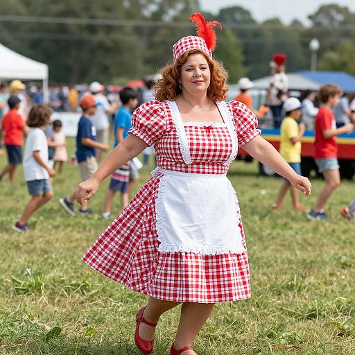 Photograph of a smiling, curly-haired woman in a red-and-white checkered vintage dress and apron, red feathered hat, dancing outdoors in