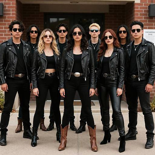 Group in Black Leather Jackets and Sunglasses