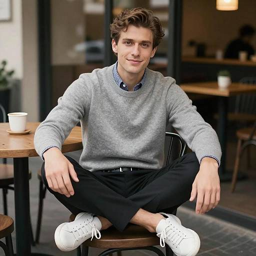 Photograph of a young Caucasian man with wavy brown hair, wearing a gray sweater, black pants, and white sneakers, sitting cross-legged at a