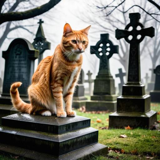Curious Tabby Cat in Misty Graveyard Curious Tabby Cat in Misty Graveyard
