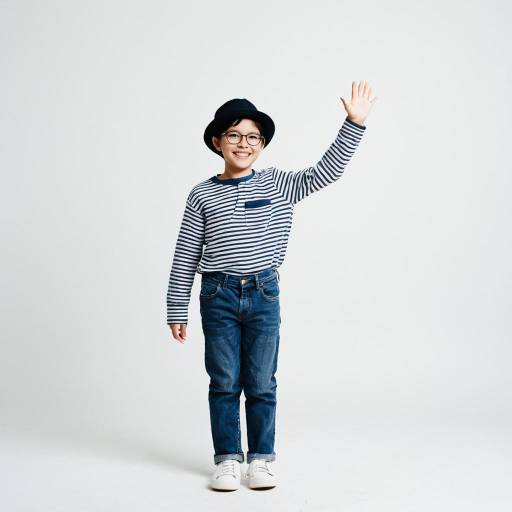 Boy in Striped Shirt Waving