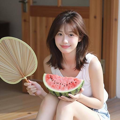 Asian Woman Holding Watermelon and Fan