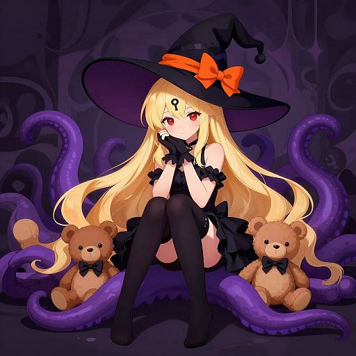 Anime-style drawing of a blonde girl with long hair, red eyes, black witch hat, red bow, black outfit, thigh-high boots, surrounded by