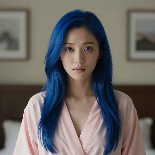 Photorealistic digital portrait of an East Asian woman with long, vivid blue hair, wearing a pink silk robe, standing in a softly lit bedroom with