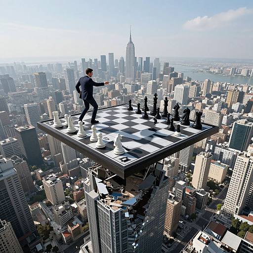 Digital illustration: A man in a suit plays chess on a giant checkered board floating above a bustling New York City skyline with the Empire State Building in