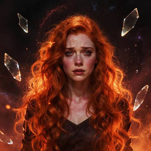 Digital artwork of a sorrowful red-haired woman with fiery orange hair, glowing shards floating around her, against a dark, starry background. Her intense