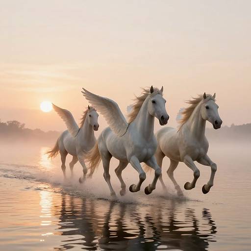 Photograph of three white winged horses galloping across a reflective, misty lake at sunrise, with a warm orange and pink sky.