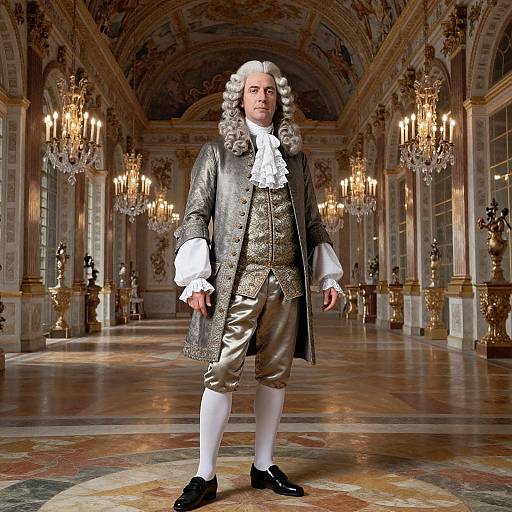 Photorealistic CGI of an 18th-century aristocrat in ornate silver coat, white ruffled shirt, gold waistcoat, white stockings,