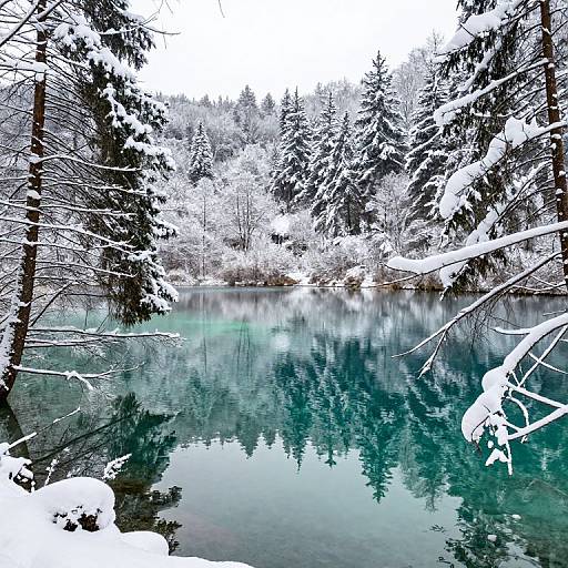 Snow-covered forest reflects on a clear, turquoise lake, with snow-laden trees framing the serene winter landscape. Photograph.