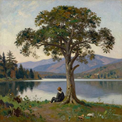 Realistic oil painting of a solitary person sitting under a large tree by a calm, reflective lake with mountainous background.