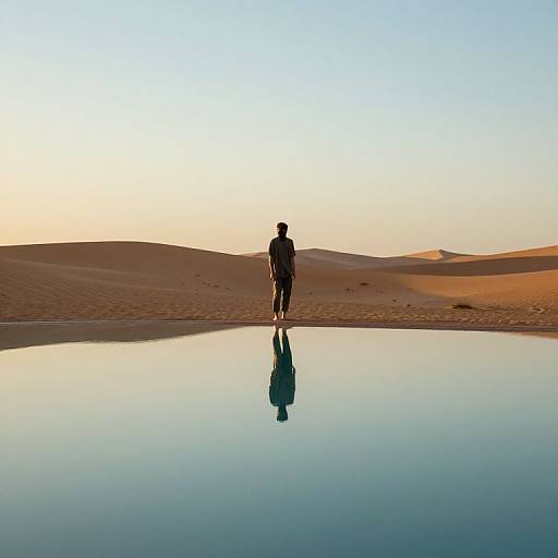 Photograph of a person standing in a reflective desert oasis, silhouetted against golden sand dunes under a clear, blue sky.