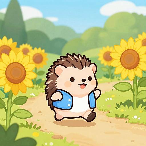 Cute digital cartoon of a chubby, smiling hedgehog in a blue vest standing on a sunny path surrounded by vibrant sunflowers and lush greenery.