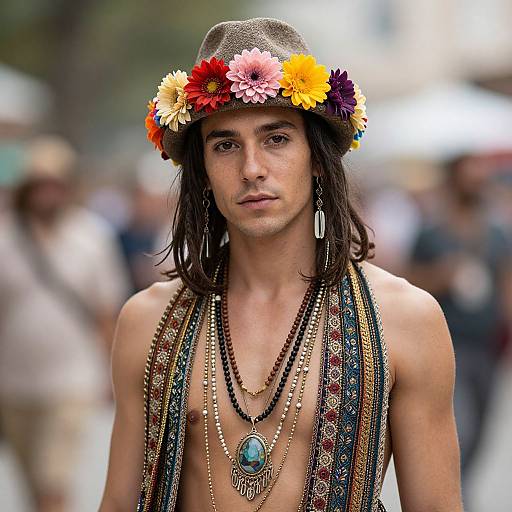 Photograph of a young man with long dark hair, wearing a brown hat adorned with colorful flowers, multiple bead necklaces, and a turquoise pendant,