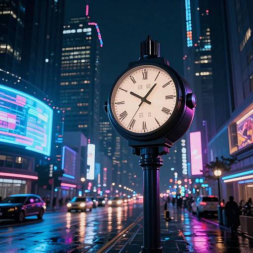Nighttime city street photograph featuring a vintage clock in the foreground, surrounded by neon-lit skyscrapers and reflections on a wet street.