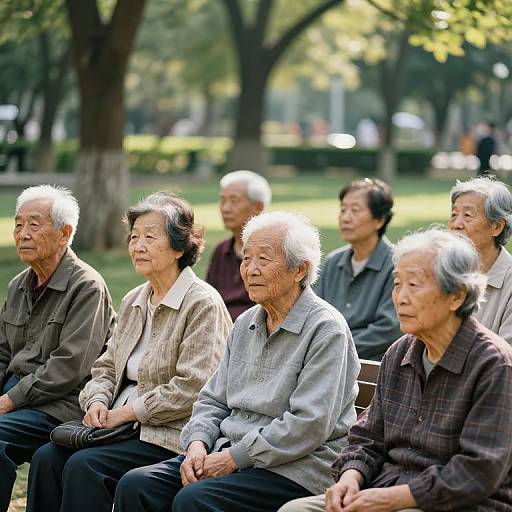 Photograph of seven elderly Asian individuals sitting outdoors in a park, wearing casual clothing, with trees and greenery in the background.