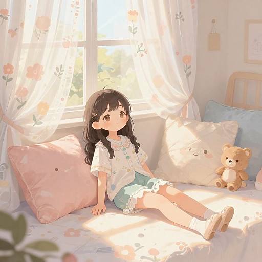 Anime-style digital illustration of a young girl with long black hair, wearing a white shirt and green skirt, sitting on a sunlit bed with pastel