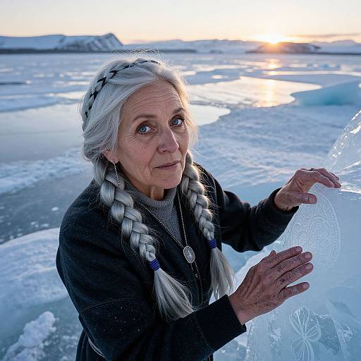 Photograph of an elderly woman with white braided hair, wearing a black jacket, touching an ice sculpture on a frozen landscape at sunset.