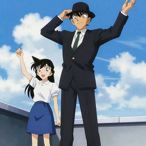 Anime Duo on Rooftop with Sky