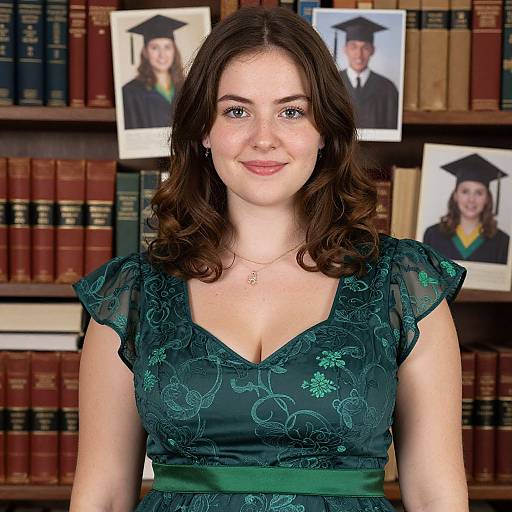 Photograph of a smiling young woman with fair skin and dark brown, wavy hair, wearing a teal floral lace dress, standing in front of a