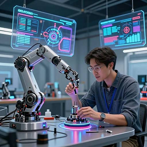 Photorealistic CGI: Young man with glasses and blue shirt working on robotic arm, illuminated by neon screens in futuristic lab.