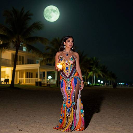 Woman with Candle on Moonlit Beach