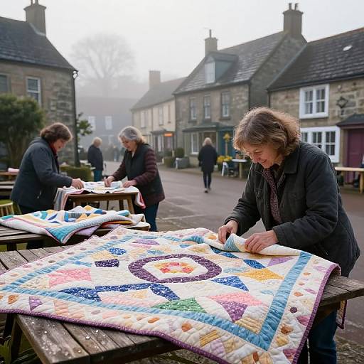 Photograph of three elderly women quilting on wooden tables in a foggy village street, featuring colorful, patterned quilts and stone cottages in