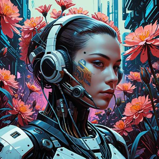 Android Musician Amidst Mechanical Blooms