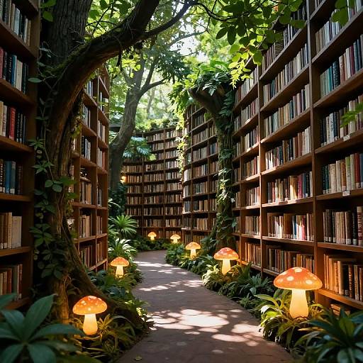 Photograph of a magical library aisle with towering bookshelves, lush green vines, and glowing orange mushroom lamps lining a sunlit path.