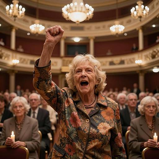 Passionate Elderly Woman in Candlelit Auditorium