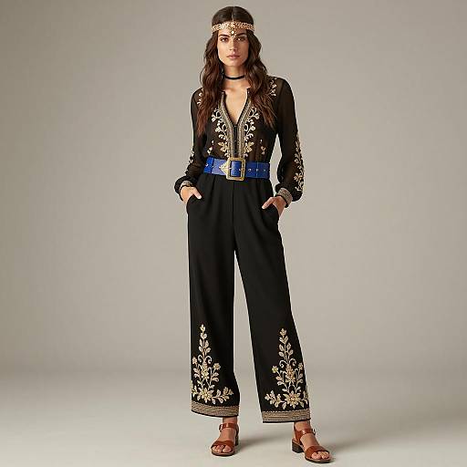 Woman in Black Sheer Embroidered Jumpsuit with Blue Belt