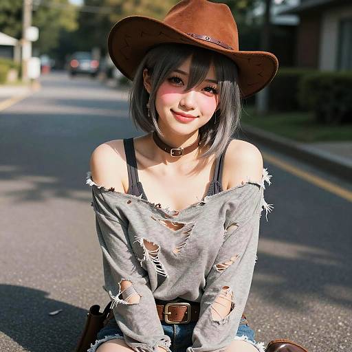 Digital art of a cute, smiling Asian woman with short gray hair, brown cowboy hat, ripped gray shirt, black bra straps, and denim shorts,