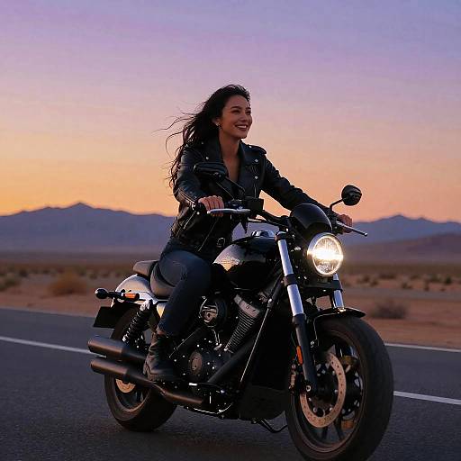 Photograph of a smiling woman with long black hair riding a black motorcycle at sunset in a desert landscape, mountains in background, road ahead.